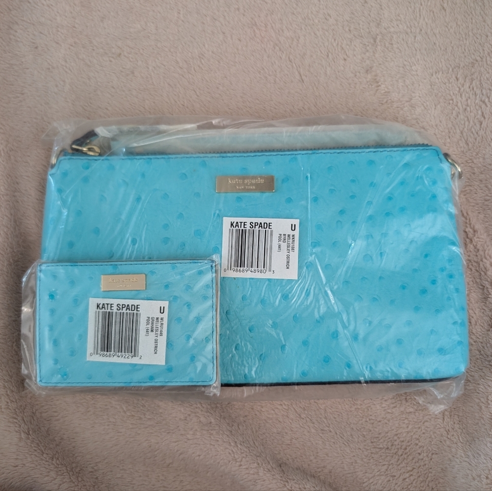 Kate Spade NWT Wellesley Ostrich Byrd Bag And Graham Card Holder - Color Pool